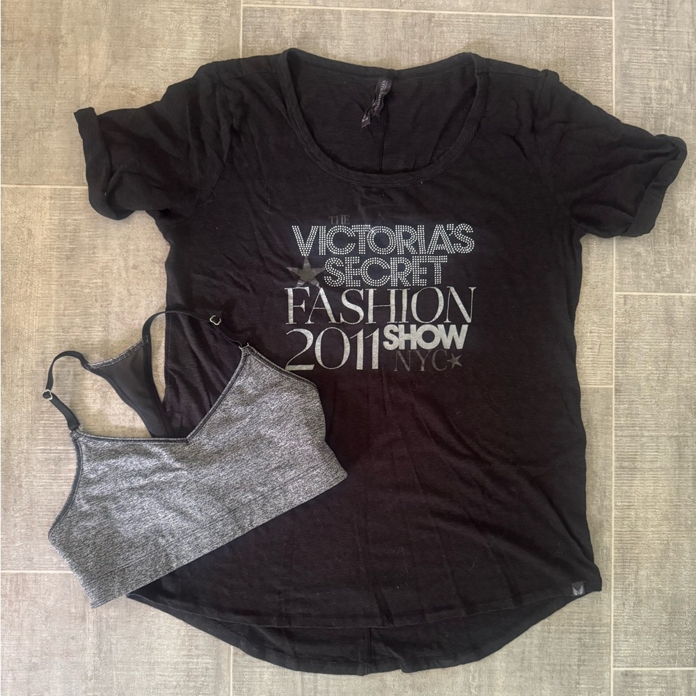 Victoria's Secret Black and Gray Fashion Show Tee and Bralette Set
